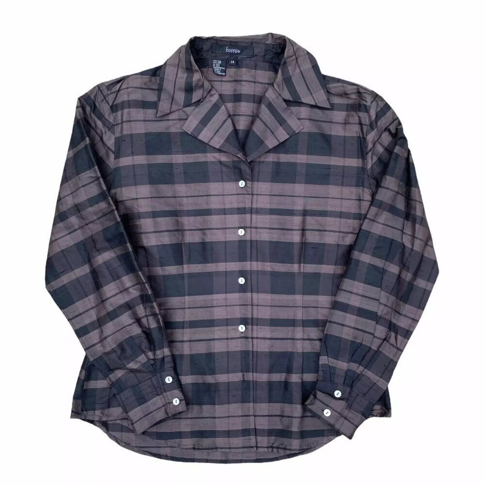ISHYU Women's Vintage 100% Silk Plaid Brown Button Down Blouse Top Shirt | 14‌